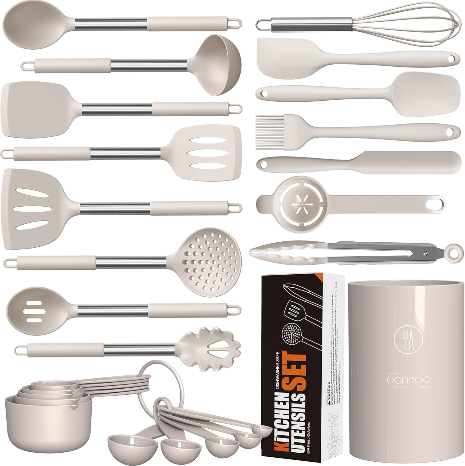 Non-Stick Safe Large Silicone Cooking Utensils Set - Heat Resistant Kitchen Utensils,Turner Tongs,Spatula,Spoon,Brush,Whisk,Stainles... - Premium Stainless Steel Cooking Utensil for Non-Stick Pots - Default Title