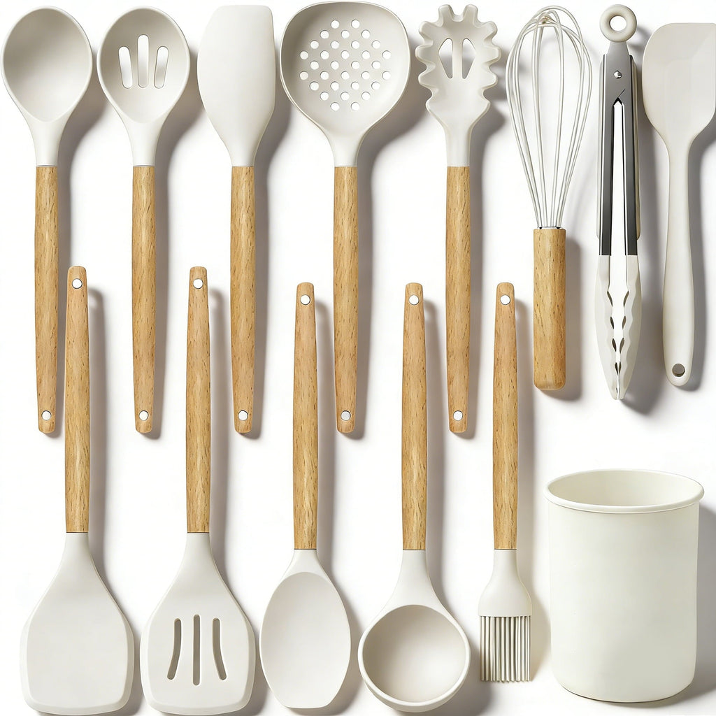 Non-Stick Safe 14-Piece Silicone Cooking Utensils Set, Non-Stick Kitchen Utensil Set for Baking, Flipping, Mixing, White - Heat-Resistant Silicone Cooking Spatula Turner - Default Title