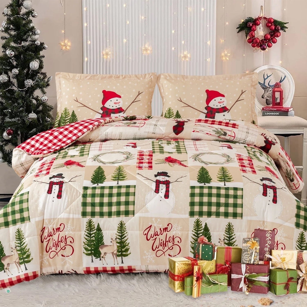 Fluffy Down Alternative 3 Pcs Christmas Comforter Set, Bed in a Bag Wreath Snowman Queen/Full Size Xmas Bedding Set Fitted Pillowcases for Adult - All-Season Down Alternative Comforter Insert - Default Title