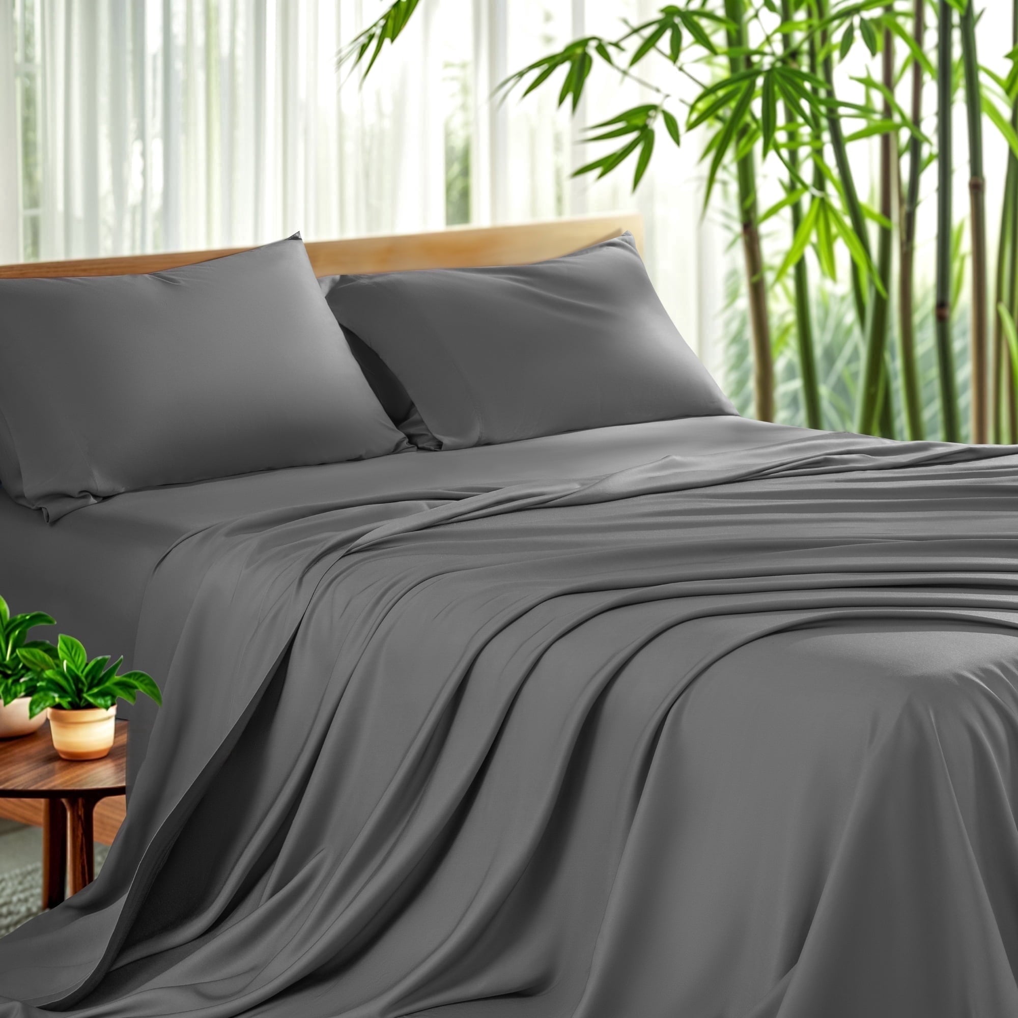 Cooling Sateen Luxury Bamboo Bed Sheet Set - Deep Pockets - 4 Piece, Queen, Dark Gray - Luxury Bed Sheet Set with Deep Pockets - Default Title