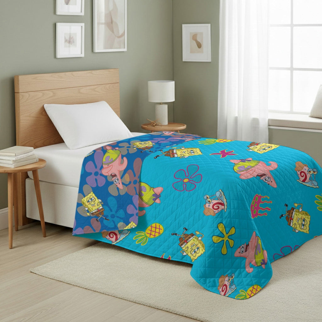 Reversible Sherpa Spongebob Tropical Waltz Quilted Throw Blanket 60x80 inches, Kids Character Bedding - Super Soft Reversible Sherpa Flannel Blanket - Default Title
