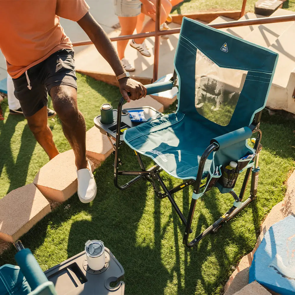 Smooth Motion Stowaway Rocker with Side Table - Choice 253 - Heavy-Duty Kickback Rocker with Beverage Holder Detail