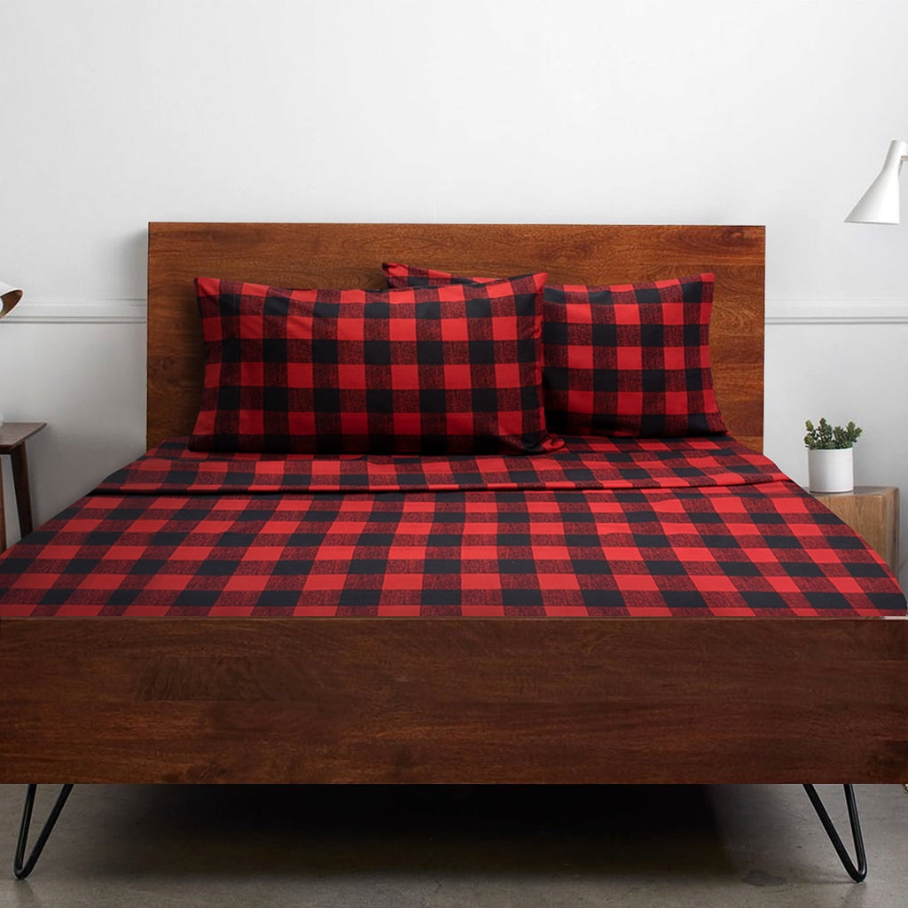 Wrinkle-Resistant Buffalo Plaid Black and Red 4 Piece Bed Sheet Set - Twin - Premium Ultra-Soft Pillowcase Pair for Sleeping - Default Title