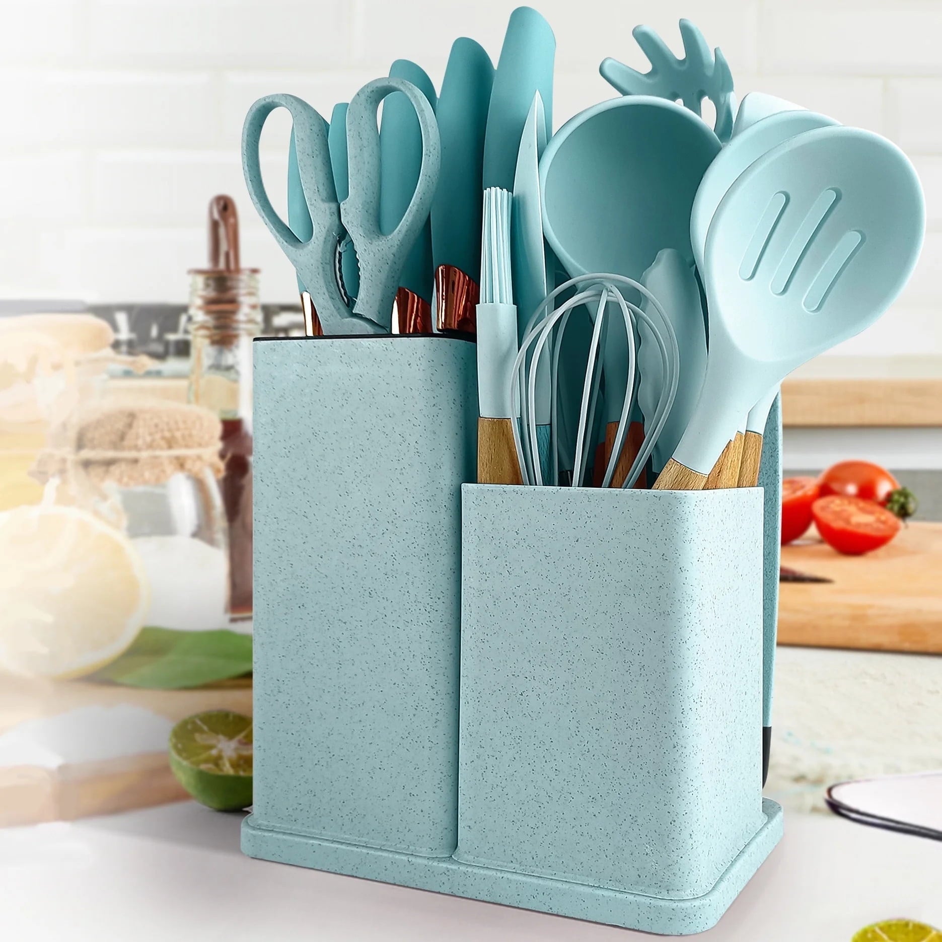 High-Precision Silicone Kitchen Cooking Utensils Set, 19 Pieces Utensil with Holder, Heat Resistant, Green - Heavy Duty Stainless Steel Kitchen Shears - Default Title