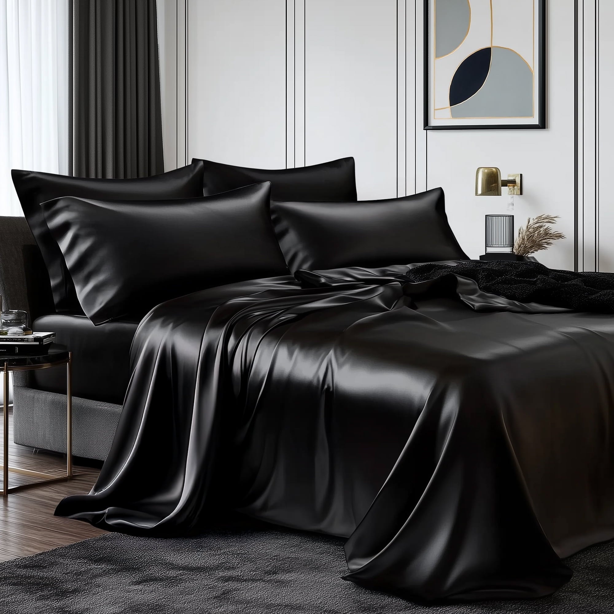 Cooling Sateen Queen Silk Black Bed Sheet Set,4 Pieces 1800 Microfiber 2 Pillowcase 20"x30" - Luxury Bed Sheet Set with Deep Pockets - Default Title