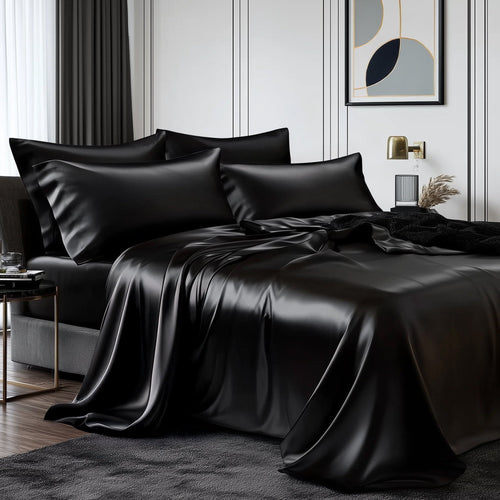 Cooling Sateen Queen Silk Black Bed Sheet Set,4 Pieces 1800 Microfiber 2 Pillowcase 20"x30" - Luxury Bed Sheet Set with Deep Pockets - Default Title