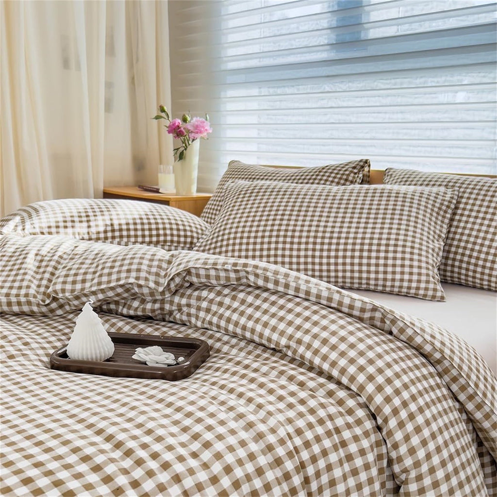 Heavyweight Warmth Tan Gingham Queen Comforter Set, Taupe Plaid Bedding Set, Checked Bed Comforter 3 Pieces(Tan Gingham, Queen) - Cloud-Like Soft Lightweight Bed Comforter - Default Title