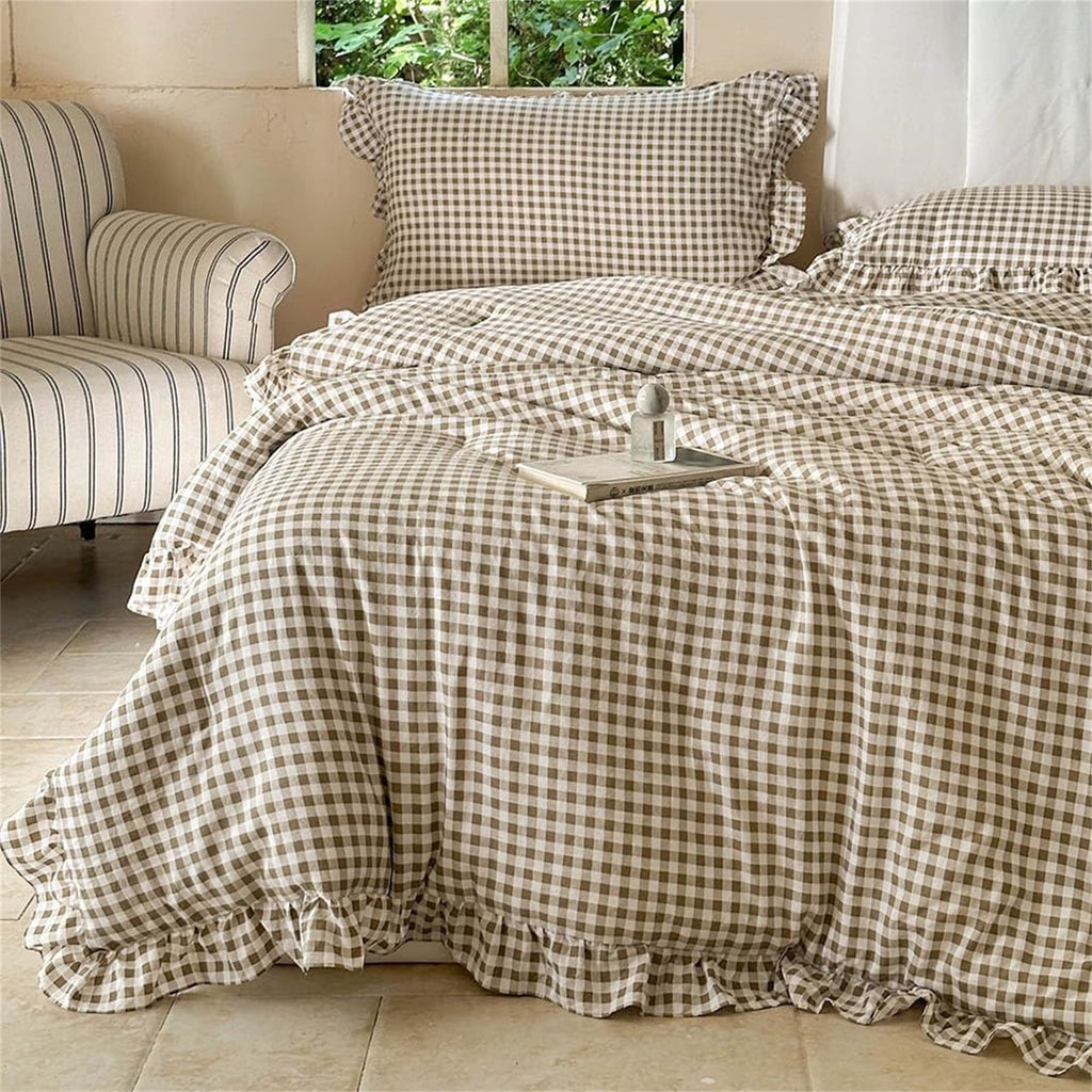 Hypoallergenic Cloud Tan Gingham Ruffle Queen Comforter Set, Taupe Ruffled Plaid Bedding Set, Ruffled Checked Bed Comforter 3 Pieces(Tan G... - All-Season Down Alternative Comforter Insert - Default Title