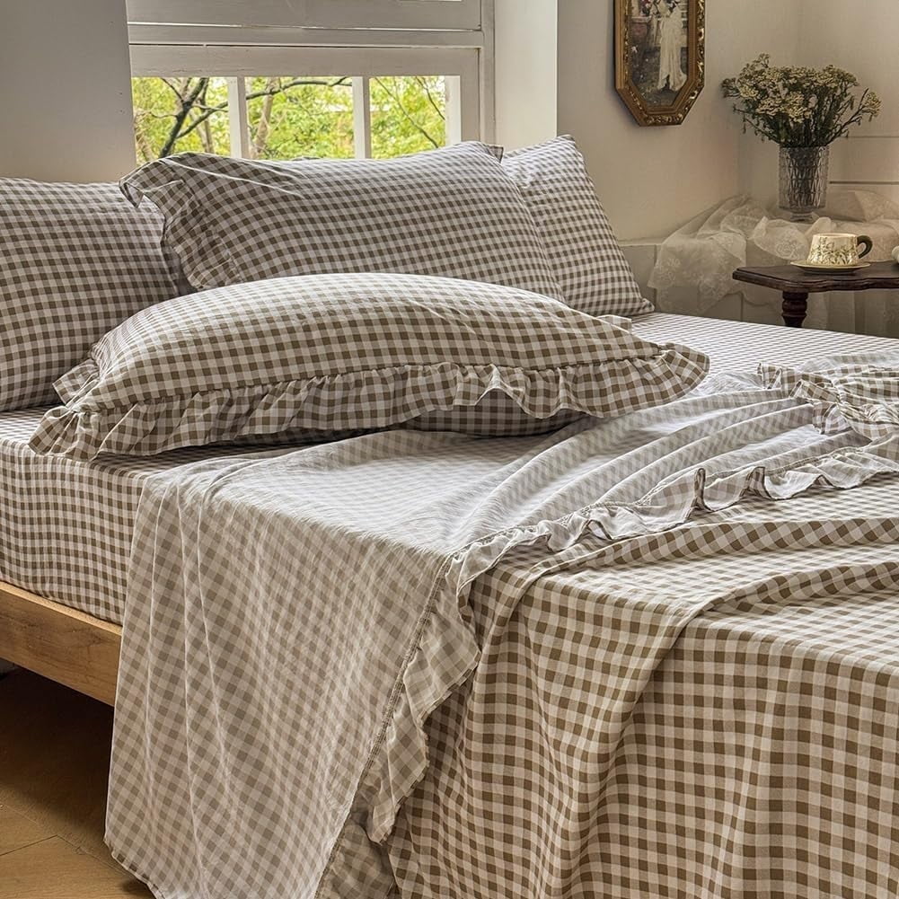 Breathable Luxury Tan Gingham Ruffle Queen Sheet Set, Taupe Soft Pre-Washed Microfiber Plaid Ruffled Queen Bed Sheets, 4-Pieces Farmhou... - Breathable Egyptian Cotton Flat & Fitted Sheets - Default Title