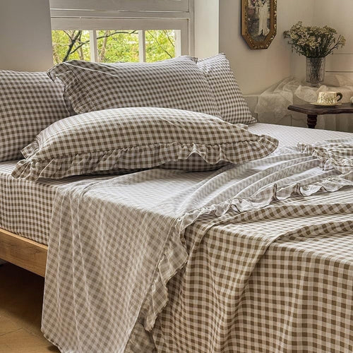 Breathable Luxury Tan Gingham Ruffle Queen Sheet Set, Taupe Soft Pre-Washed Microfiber Plaid Ruffled Queen Bed Sheets, 4-Pieces Farmhou... - Breathable Egyptian Cotton Flat & Fitted Sheets - Default Title