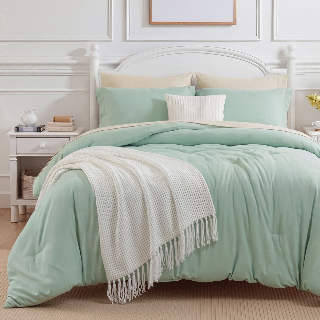 Hypoallergenic Cloud Queen Comforter Set Sage Green, 7 Pieces Lightweight Queen Bedding Sets, Contrasting Design - All-Season Down Alternative Comforter Insert - Default Title