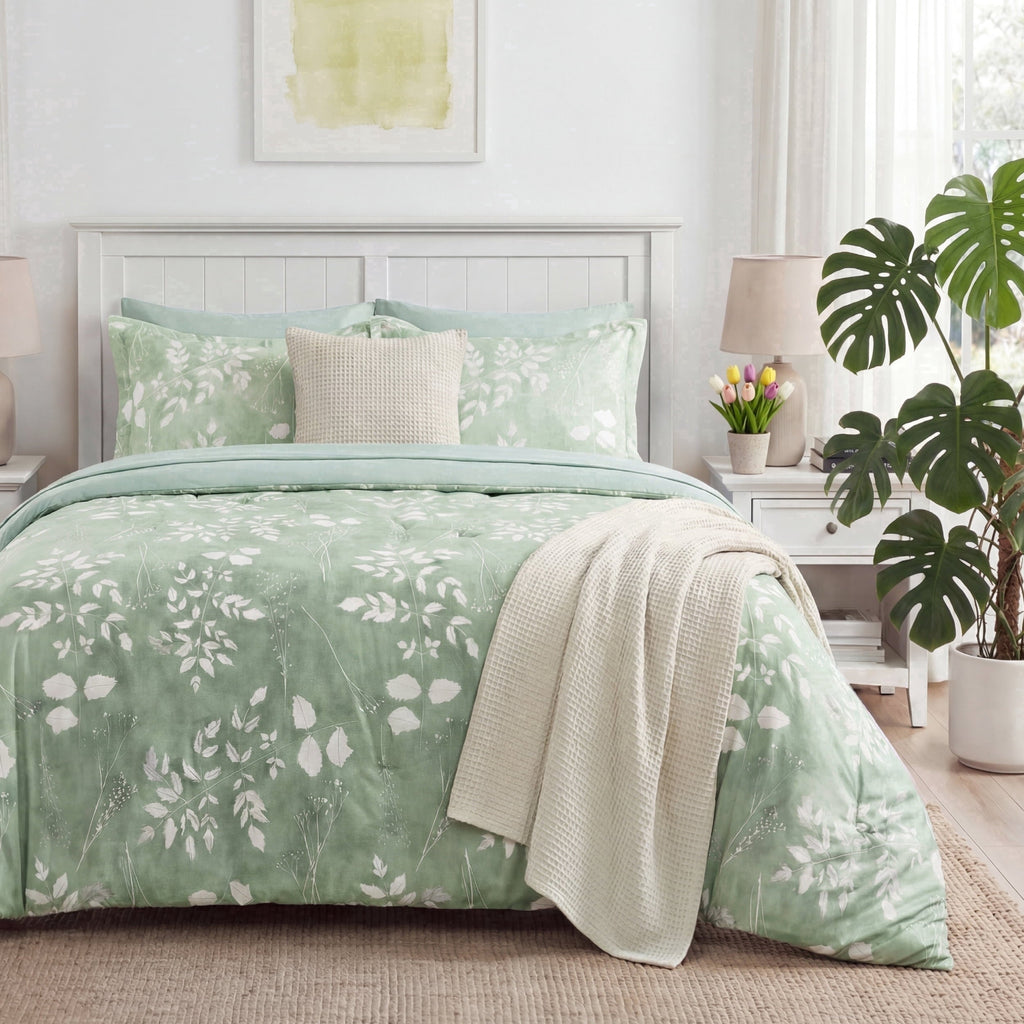 Luxurious Quilted Queen Comforter Set Sage Green, Bed in a Bag Queen Size Bedding, 7-Pieces Botanical Flowers Spring Comforter, Sheets,... - All-Season Down Alternative Comforter Insert - Default Title