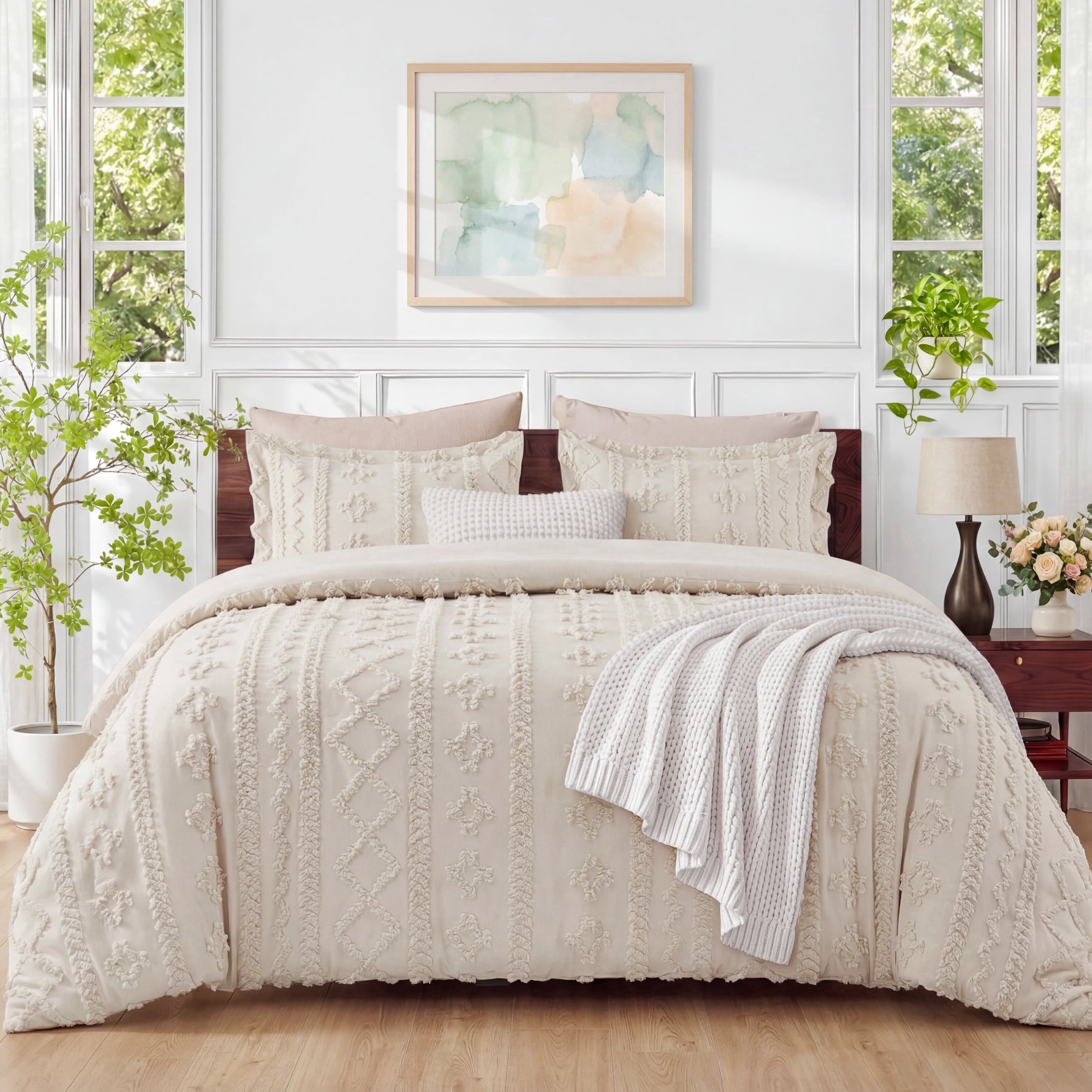 Hypoallergenic Cloud Tufted Boho Comforter Set Queen, Beige, 3 Pieces Farmhouse Shabby Chic Embroidery Bedding Set, Soft Jacquard Comforte... - Hypoallergenic Ultra-Fluffy Quilt for Winter - Default Title