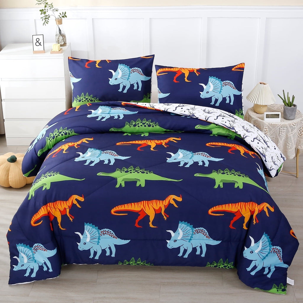Heavyweight Warmth 3 Pcs Dinosaur Twin Size Bedding Sets for Boys, Dinosaur Printing Boys Comforter Set, Blue and White Reversible Bed C... - Hypoallergenic Ultra-Fluffy Quilt for Winter - Default Title