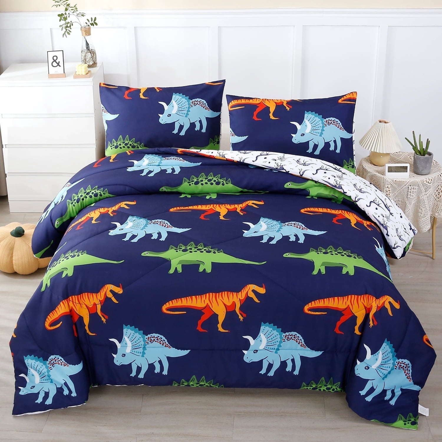 Heavyweight Warmth 3 Pcs Dinosaur Twin Size Bedding Sets for Boys, Dinosaur Printing Boys Comforter Set, Blue and White Reversible Bed C... - Hypoallergenic Ultra-Fluffy Quilt for Winter - Default Title