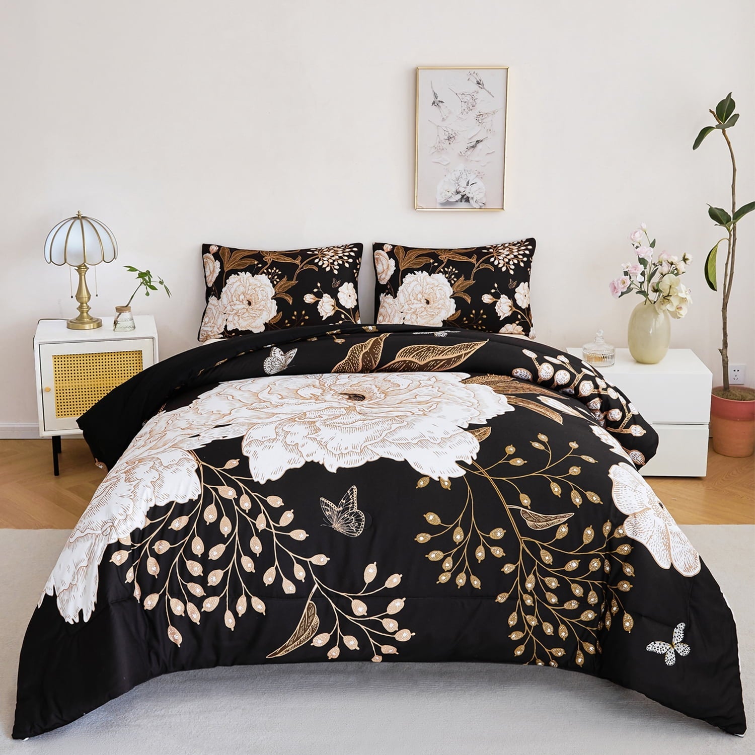 Heavyweight Warmth Black Floral Comforter Set Queen, Printed Comforter White Flowers Butterfly Bedding Set, 3 Pieces Botanical Reversibl... - Hypoallergenic Ultra-Fluffy Quilt for Winter - Default Title