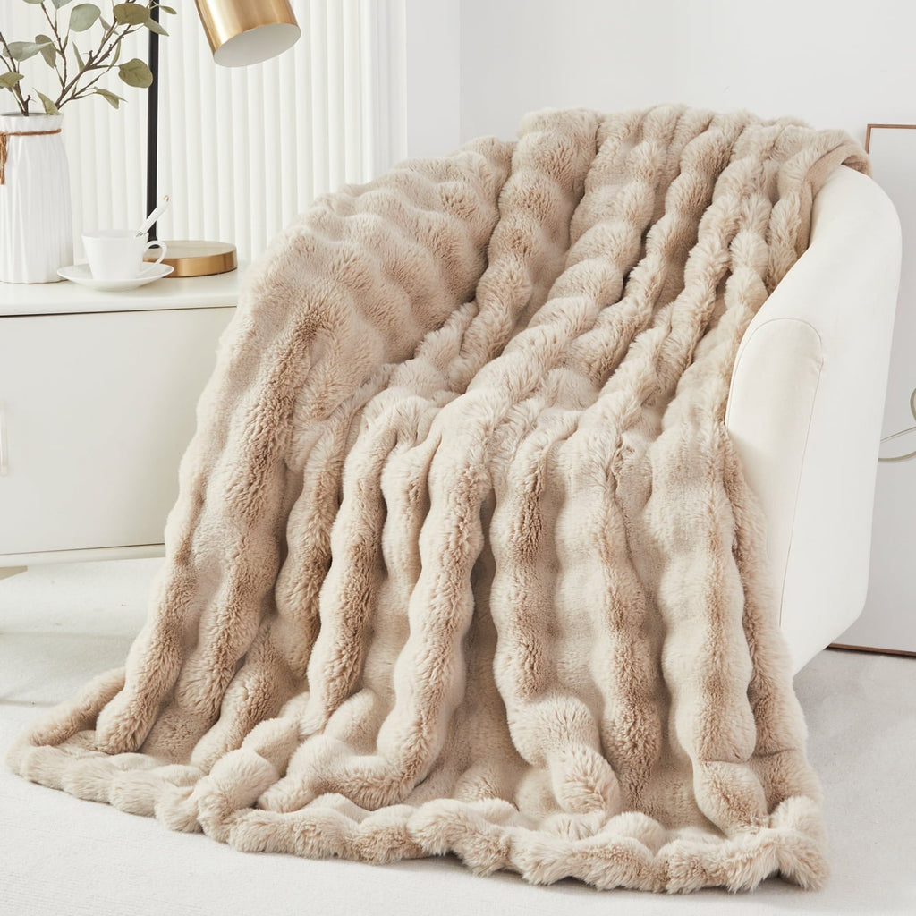 Lightweight Warm Taupe Faux Fur Bubble Blankets for Couch Chair Sofa Luxury Fluffy Thick Bubble Throw Blanket Furry Blanket Fuzzy Soft... - Super Soft Reversible Sherpa Flannel Blanket - Default Title