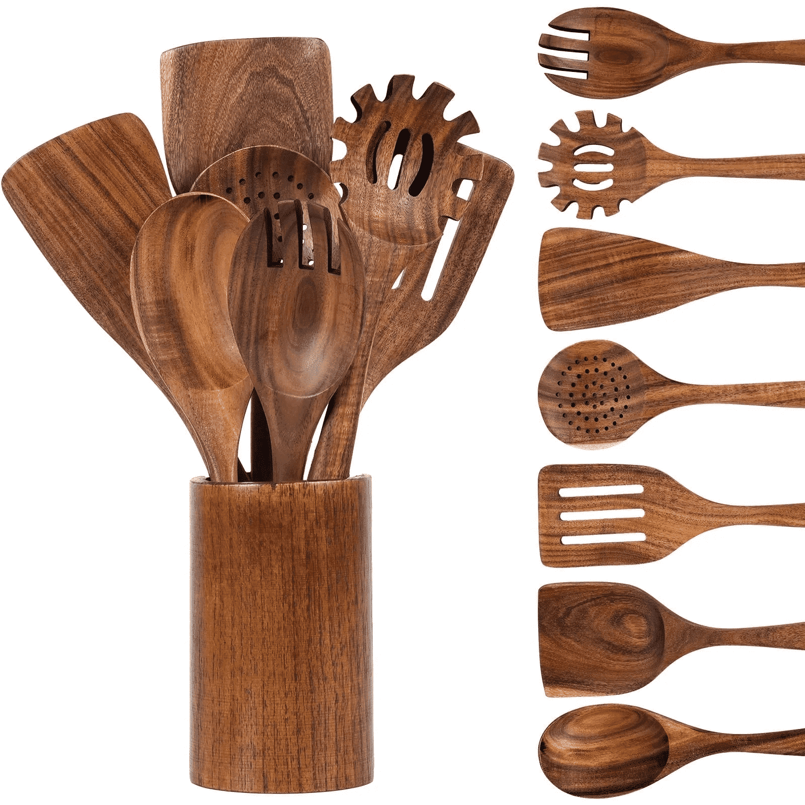 Non-Stick Safe Wooden Spoons for Cooking, 8 Pcs Natural Wooden Utensil for Cooking with Non-Stick, Heat Resistant, Wood... - Ergonomic Kitchen Tongs and Cooking Spoon Utensil - Default Title