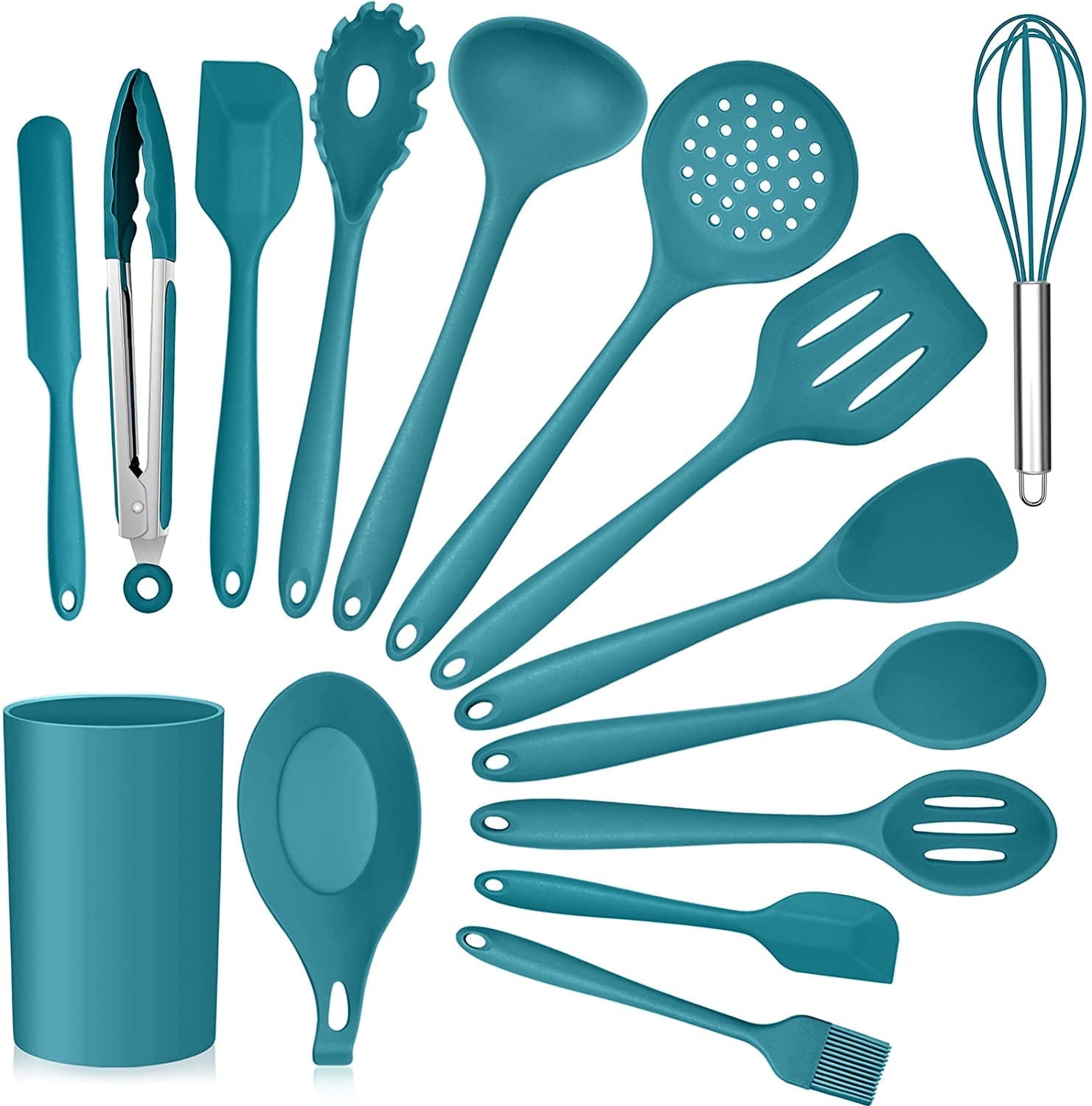 Ergonomic Cooking 15-Piece Kitchen Utensils Set, Silicone Cooking Utensils with Holder, Non-stick Cookware Friendly & Heat Resistant - ... - Ergonomic Kitchen Tongs and Cooking Spoon Utensil - Default Title
