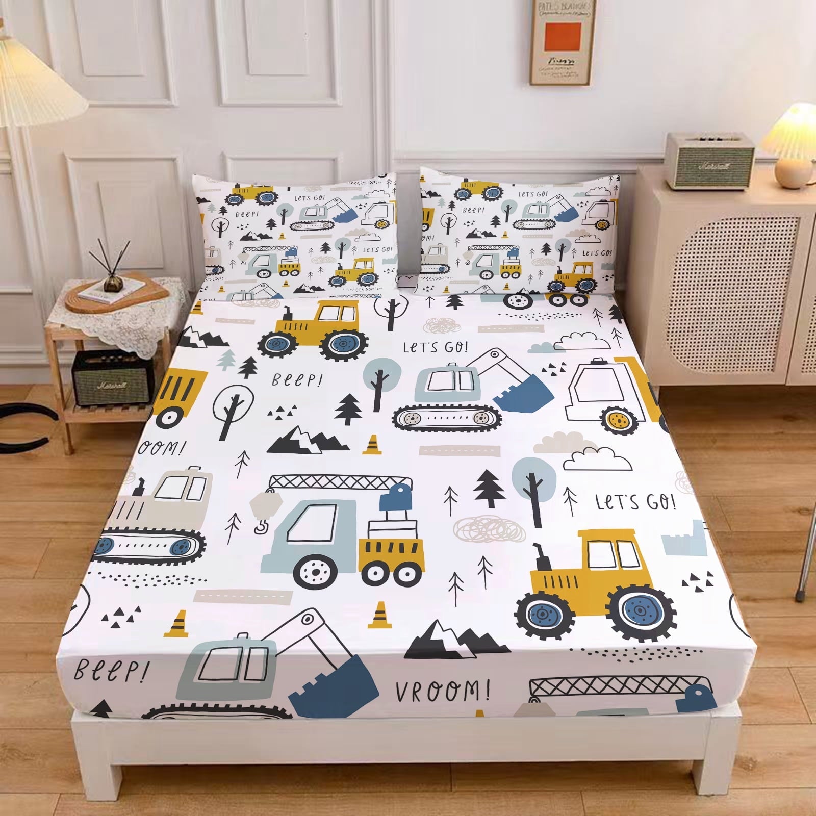 Breathable Luxury Cartoon Excavator Sheet Set for Kids Boys Truck Construction Bedding Set Engineering Vehicle Bed Sheet Sets with 1 Fi... - Luxury Bed Sheet Set with Deep Pockets - Default Title
