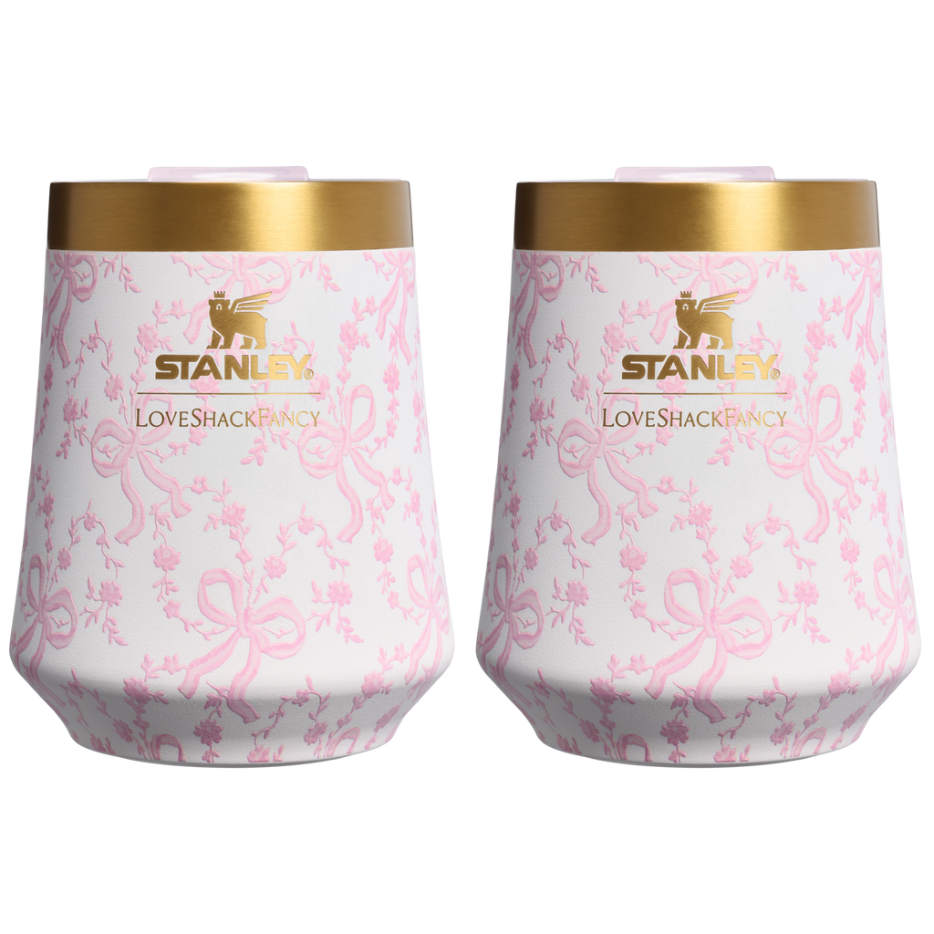 Elegant Stemless Stanley 1913 x LoveShackFancy Holiday The Reserve Wine Tumbler Set | 2-pack D205C - Premium Insulated Egg-Shaped Wine Glass for Outdoors - Coquette Bow Chantilly