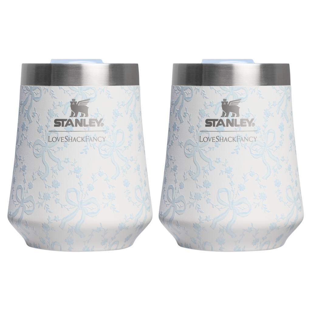 Elegant Stemless Stanley 1913 x LoveShackFancy Holiday The Reserve Wine Tumbler Set | 2-pack D205C - Premium Insulated Egg-Shaped Wine Glass for Outdoors - Coquette Bow Winter Ice