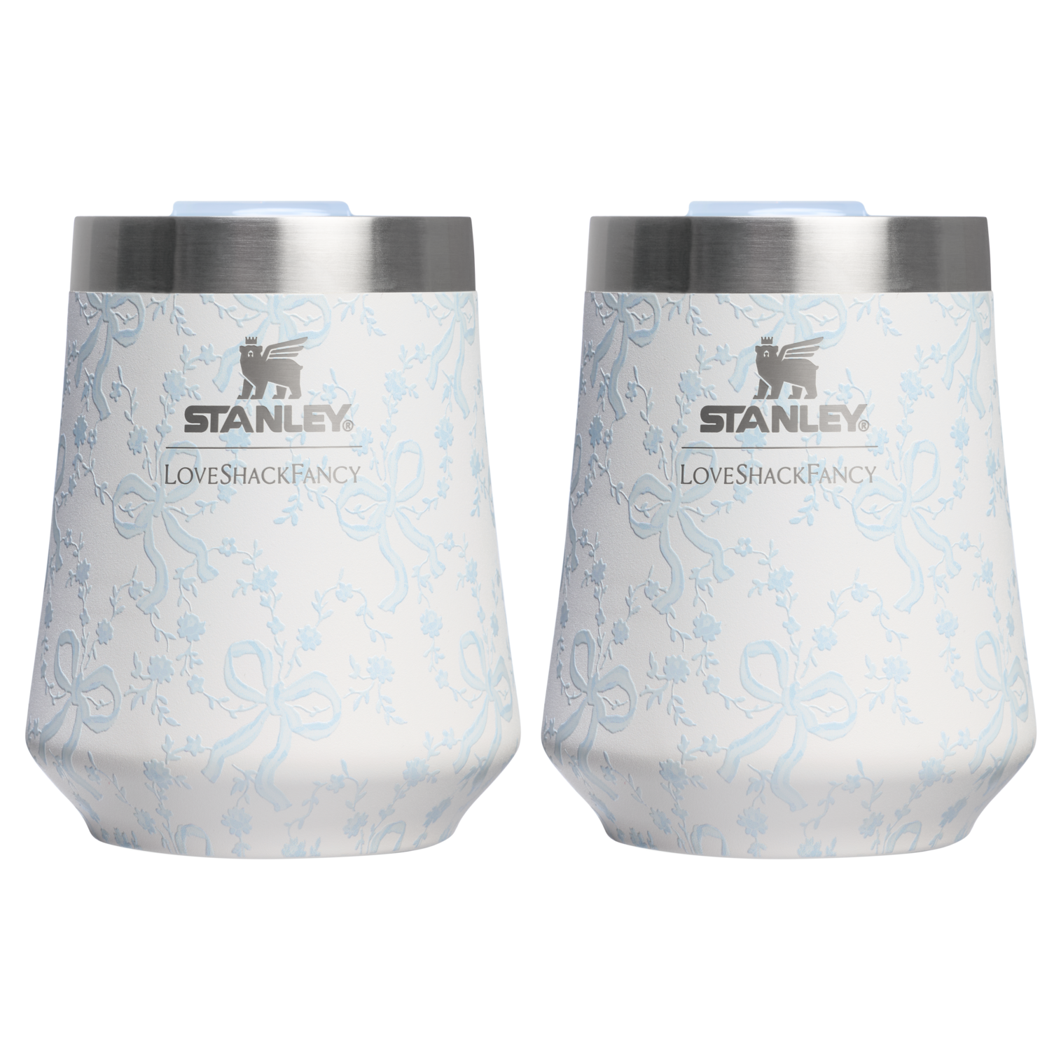 Elegant Stemless Stanley 1913 x LoveShackFancy Holiday The Reserve Wine Tumbler Set | 2-pack D205C - Premium Insulated Egg-Shaped Wine Glass for Outdoors - Coquette Bow Winter Ice