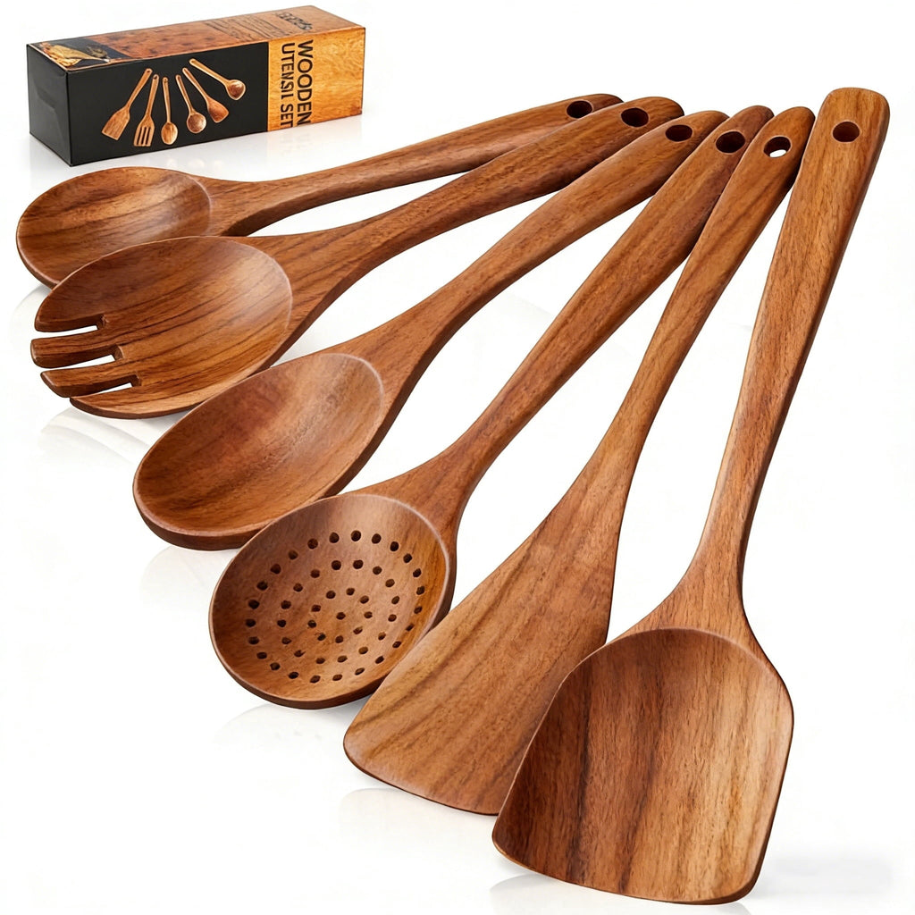 Non-Stick Safe Wooden Spoons for Cooking, 6 PCS Teak Wood Cooking Utensil Set, Wooden Kitchen Utensils for Nonstick Pans & Cookware,... - Heat-Resistant Silicone Cooking Spatula Turner - Default Title