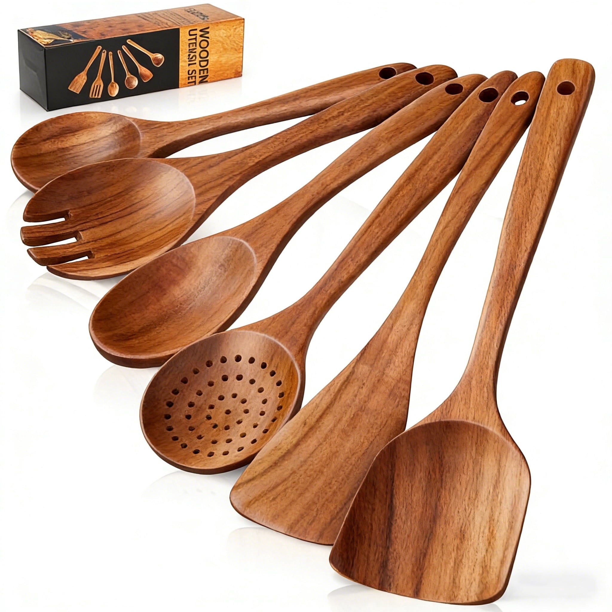 Non-Stick Safe Wooden Spoons for Cooking, 6 PCS Teak Wood Cooking Utensil Set, Wooden Kitchen Utensils for Nonstick Pans & Cookware,... - Heat-Resistant Silicone Cooking Spatula Turner - Default Title