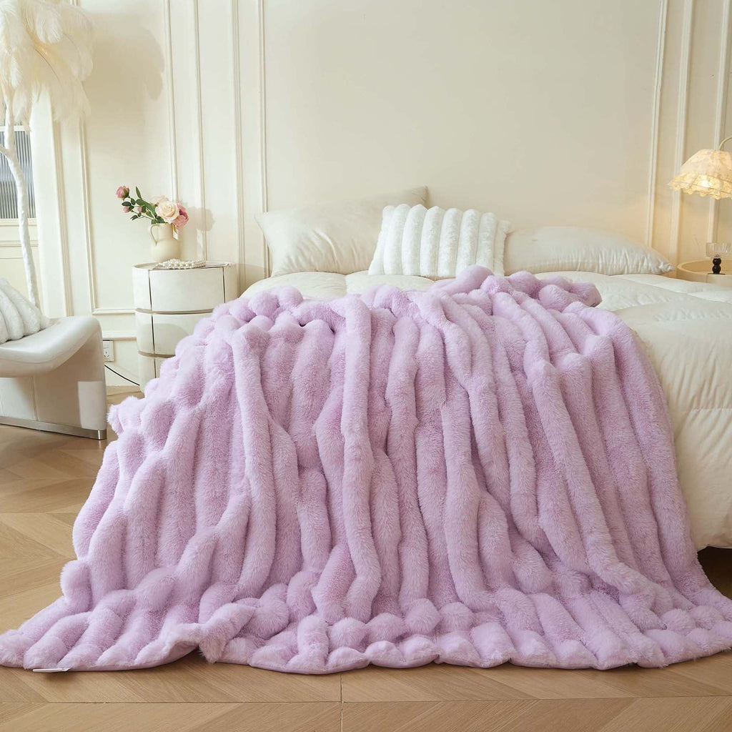 Super Soft Flannel Fluffy Faux Rabbit Fur Throw, Cozy Wide Stripe Plush Fuzzy Blanket for Bed Couch Sofa Chair, Light Purple Shaggy Thro... - Lightweight Plush Warm Blanket for All Seasons - Default Title