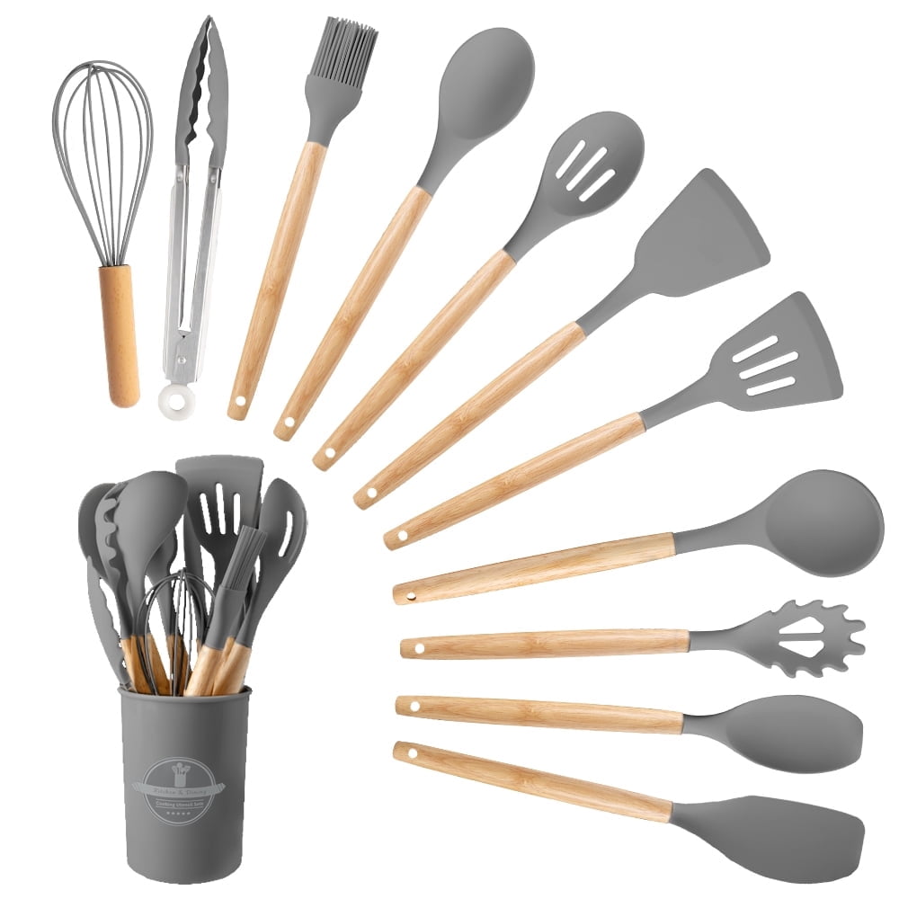 Seamless One-Piece Silicone Wooden Heat Resistant Kitchen Utensil Set, 12 pcs - Durable Turner & Ladle Utensil Set for Home Chefs - Default Title