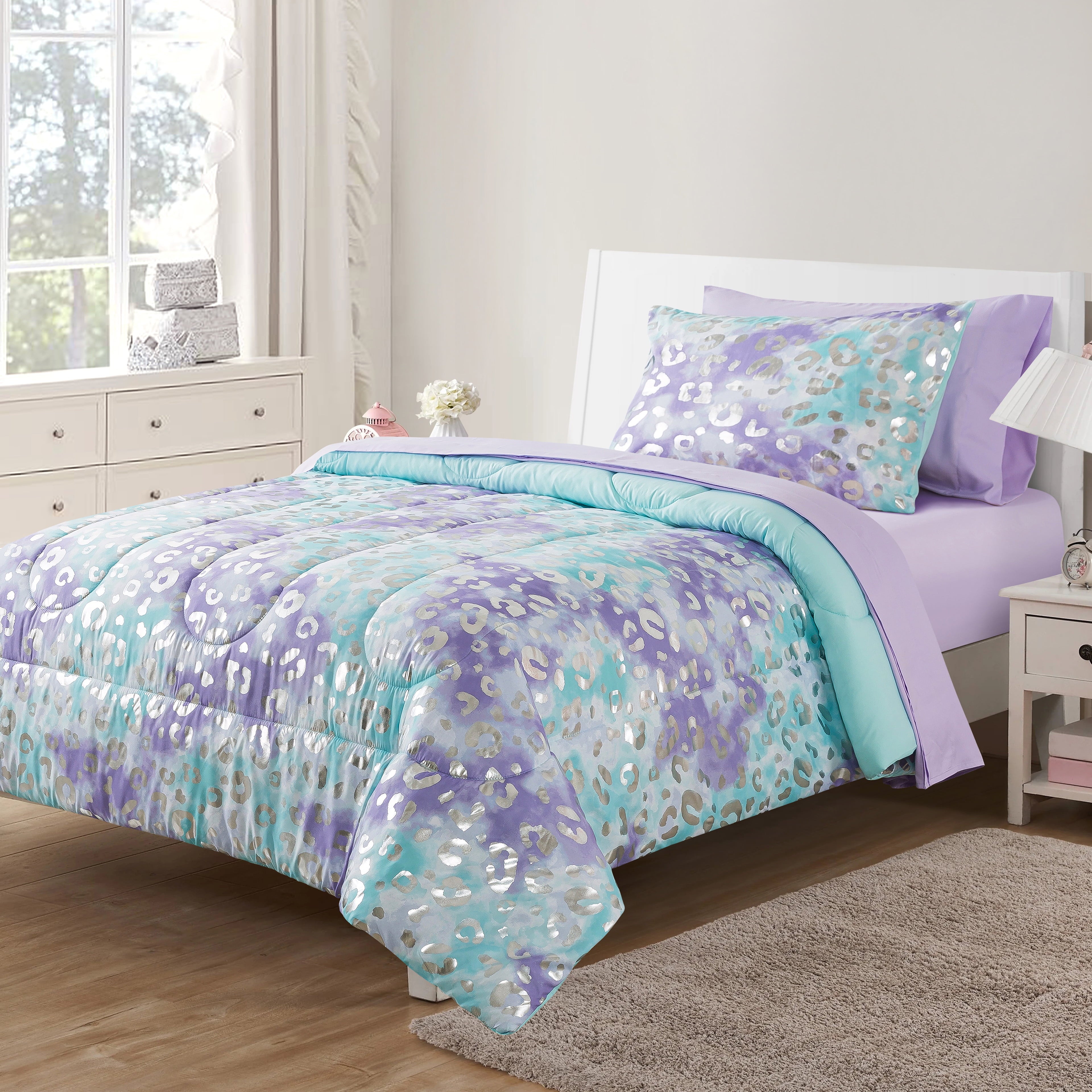 All-Season 5-Piece Purple Metallic Foil Cheetah Bedding Set for Kids with Storage Bag, Twin - Luxurious Quilted Duvet Cover Set - Default Title