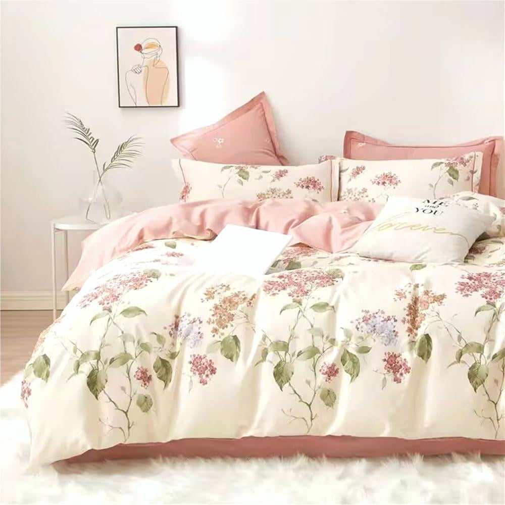 Heavyweight Warmth White with Pink Flowers King Comforter Sets, 3 Pieces Chic Garden Style Reversible Bedding Sets for Adults All Season - Cloud-Like Soft Lightweight Bed Comforter Detail
