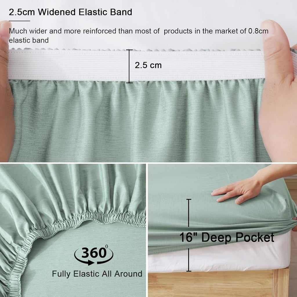 Breathable Luxury Bamboo Bed Sheet Sets, 4 Pieces King Silky Soft Bedding Sheets, 1800 Thread Count 16 Inch Deep Pockets, Sage Green - Premium Ultra-Soft Pillowcase Pair for Sleeping Detail