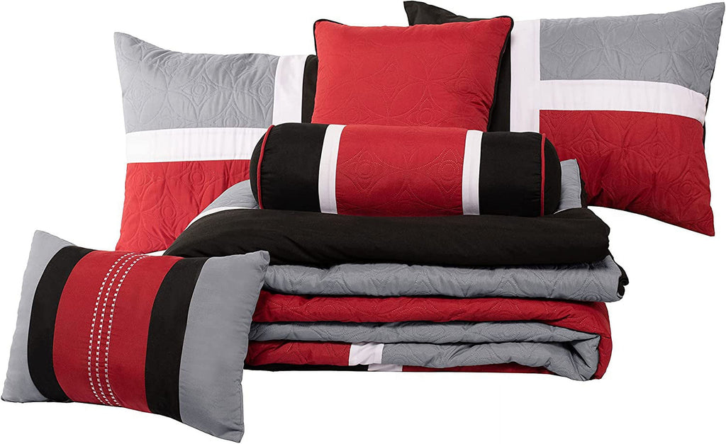 All-Season 7-Piece Medallion Patchwork Comforter Set, Full, Red/Gray/Black - Luxurious Quilted Duvet Cover Set Detail