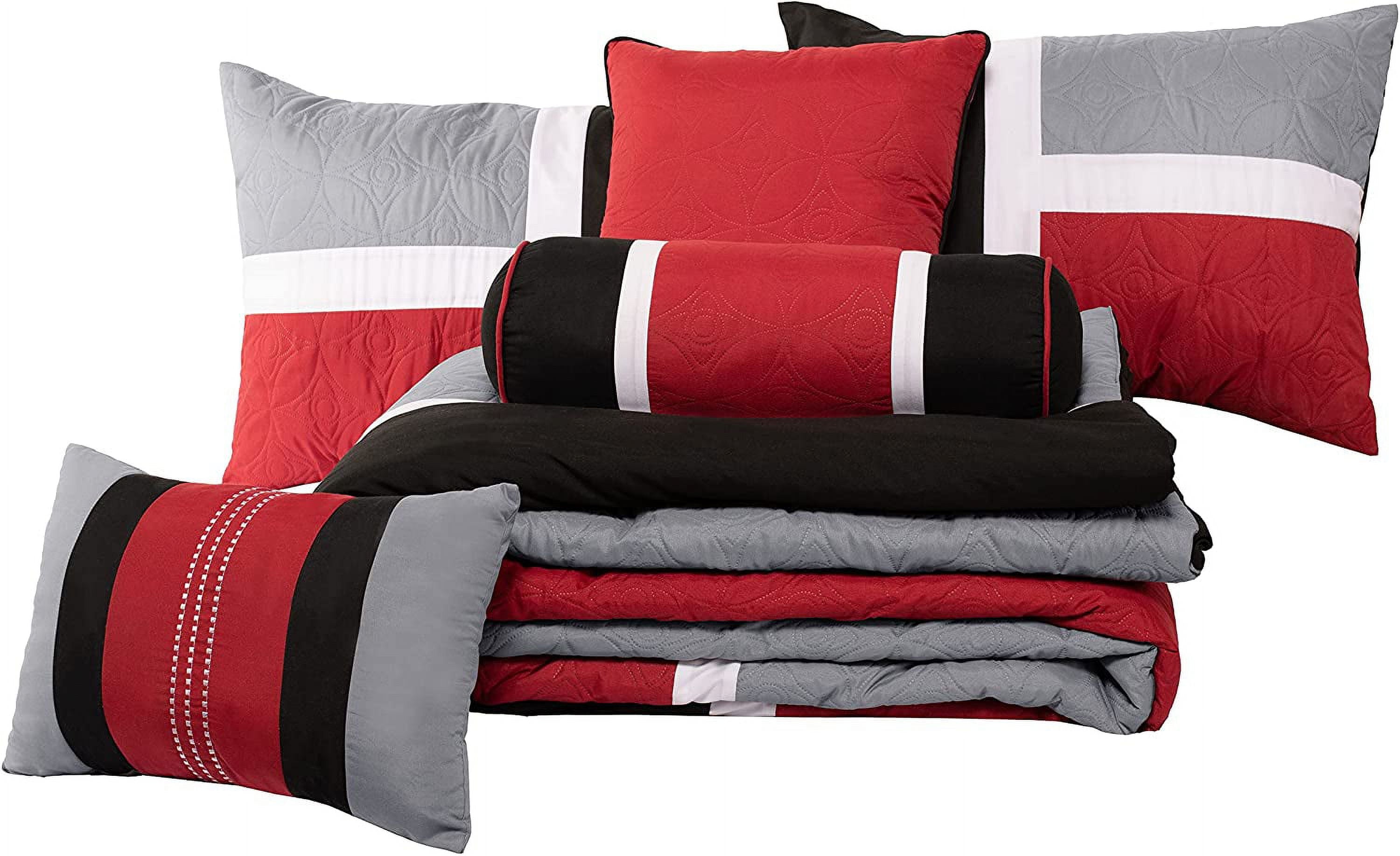 All-Season 7-Piece Medallion Patchwork Comforter Set, Full, Red/Gray/Black - Luxurious Quilted Duvet Cover Set Detail