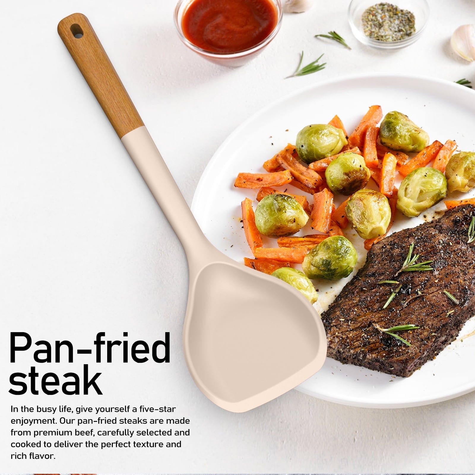 Seamless One-Piece Large Silicone Cooking Utensils - Heat Resistant Kitchen Utensil Set with Wooden Handles, Spatula,Turner, Slotted Spo... - Heat-Resistant Silicone Cooking Spatula Turner Detail