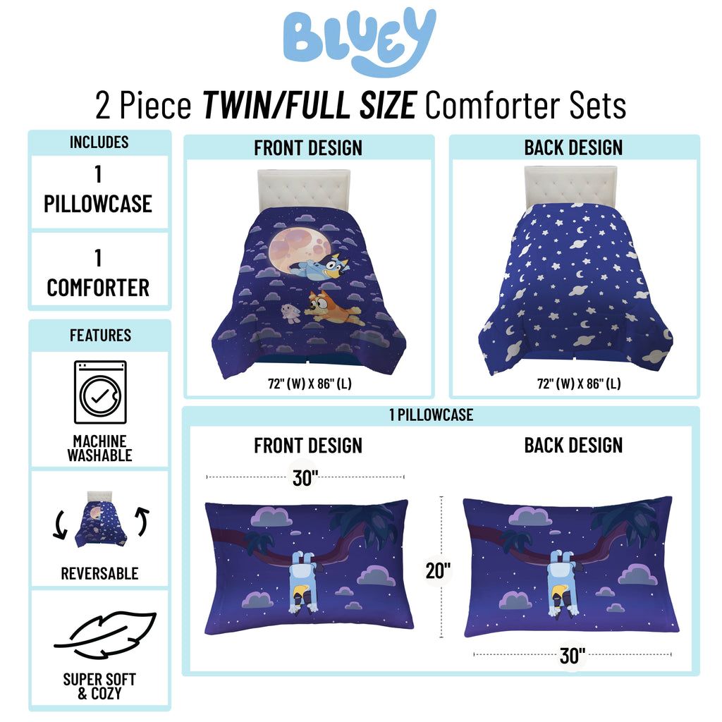 Hypoallergenic Cloud Dream Kids 2 Piece Blue Reversible Comforter and Pillowcase Bedding Set, Twin/Full - Luxurious Quilted Duvet Cover Set Detail