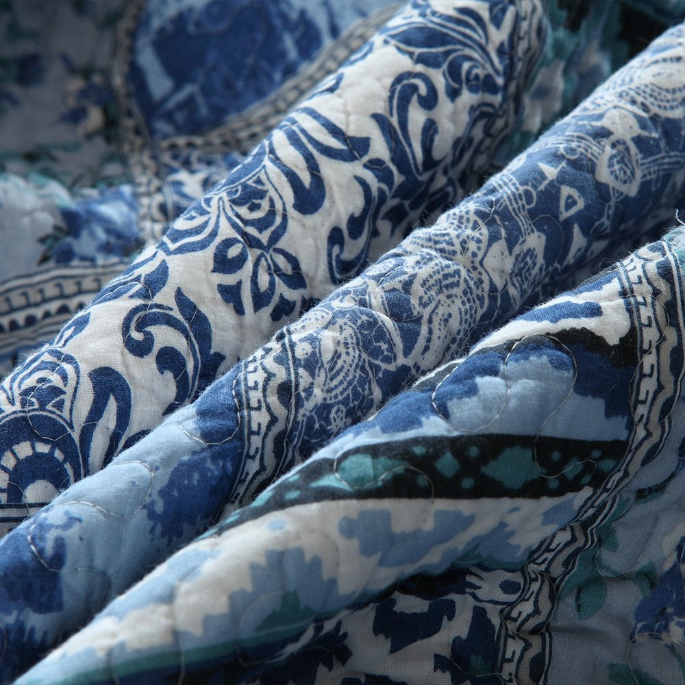 Luxurious Quilted Quilt Comforter Cotton Bedding Set With Shams, Vintage Blue, King - Luxurious Quilted Duvet Cover Set Detail