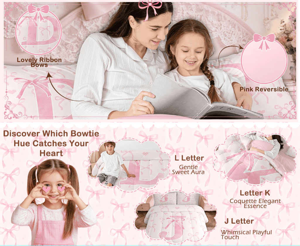 Hypoallergenic Cloud Kawaii Bowknot Bedding Sets Full with Comforter, Initial H Duvet Insert, Romantic Initial A-Z Decor, Reversible - Luxurious Quilted Duvet Cover Set Detail