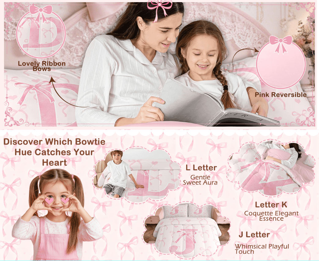 Hypoallergenic Cloud Kawaii Bowknot Bedding Sets Full with Comforter, Initial H Duvet Insert, Romantic Initial A-Z Decor, Reversible - Luxurious Quilted Duvet Cover Set Detail