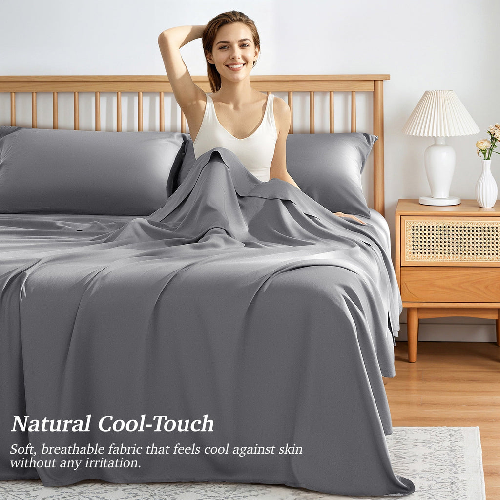Breathable Luxury Bamboo Queen Sheet Set, Luxury Soft 4 Pieces Bed Sheets with 18" Deep Pocket, Gray - Breathable Egyptian Cotton Flat & Fitted Sheets Detail