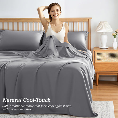 Breathable Luxury Bamboo Queen Sheet Set, Luxury Soft 4 Pieces Bed Sheets with 18" Deep Pocket, Gray - Breathable Egyptian Cotton Flat & Fitted Sheets Detail