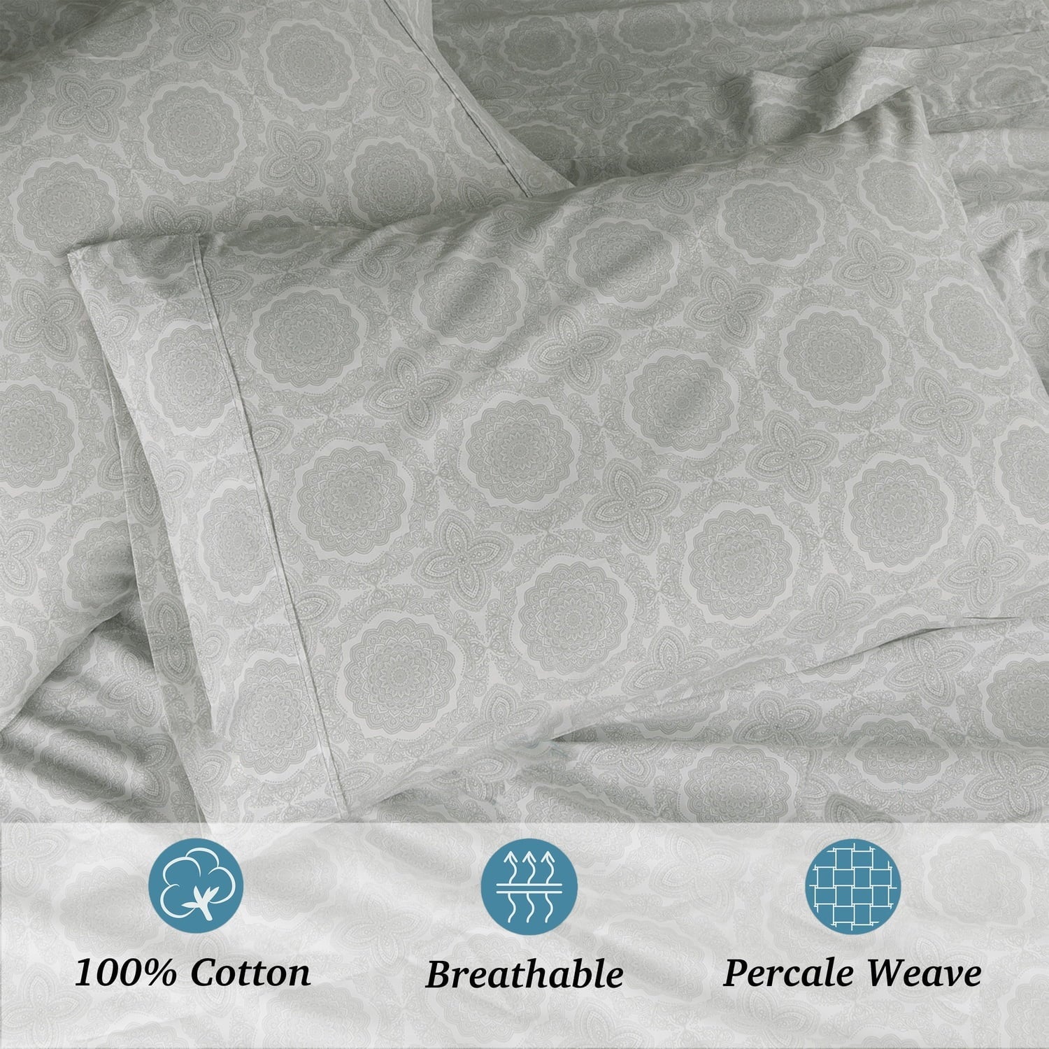 Breathable Luxury 100% Cotton Queen Sheets Set, 4 Piece Bed Sheets Set with HeiQ Fresh, Percale Weave, Hotel Luxury, Ultra Soft Sheets ... - Premium Ultra-Soft Pillowcase Pair for Sleeping Detail
