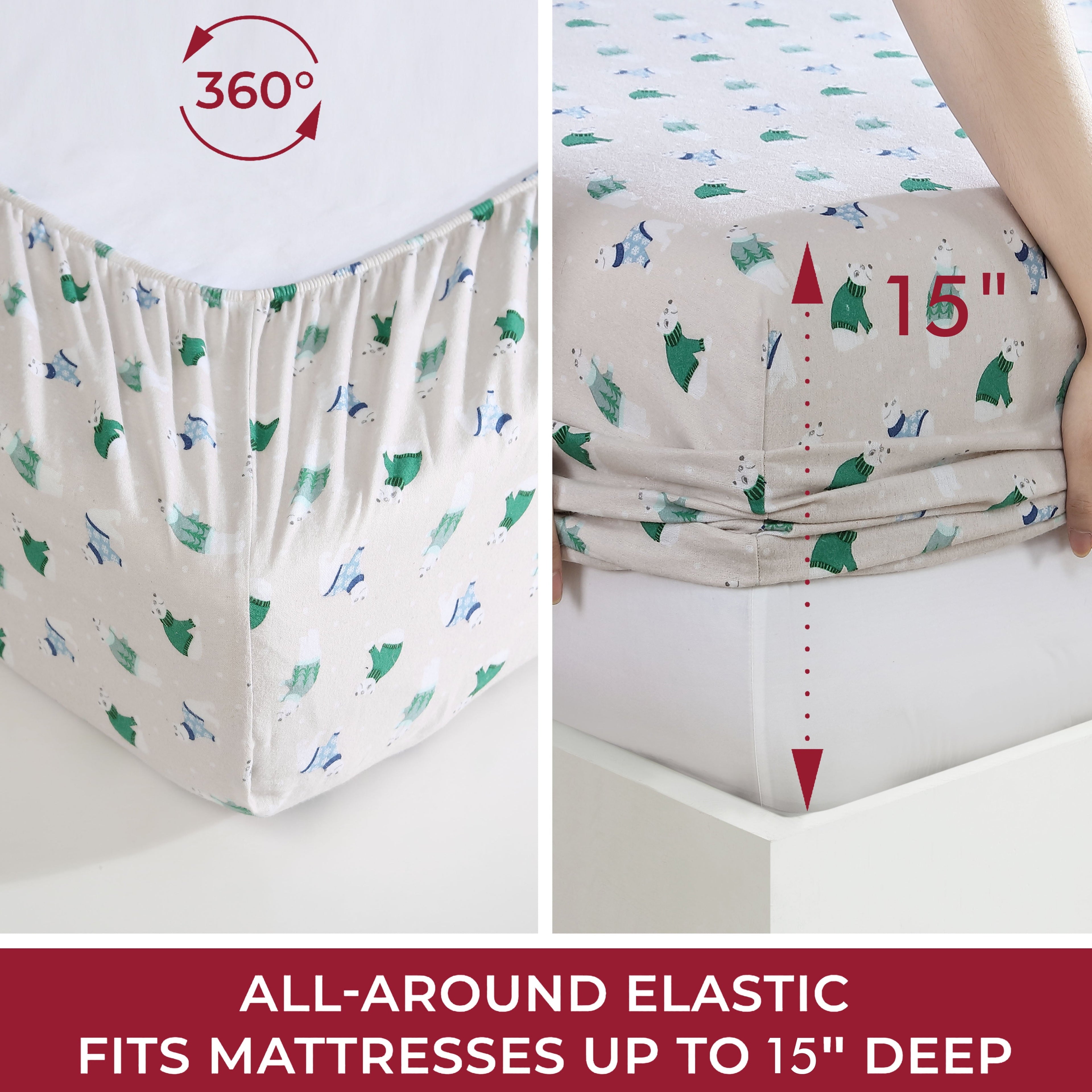 Premium Egyptian Cotton Winter Nights Cotton Flannel Sheet Set, King, Holiday Bears - Premium Ultra-Soft Pillowcase Pair for Sleeping Detail