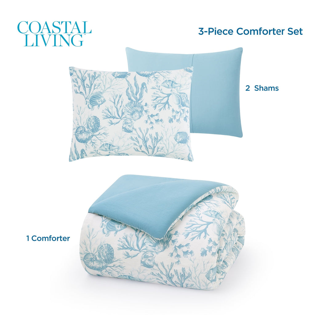 Fluffy Down Alternative 3-Piece Lightweight 100% Cotton Blue & White Ocean Print Comforter Set, Full/Queen - Luxurious Quilted Duvet Cover Set Detail