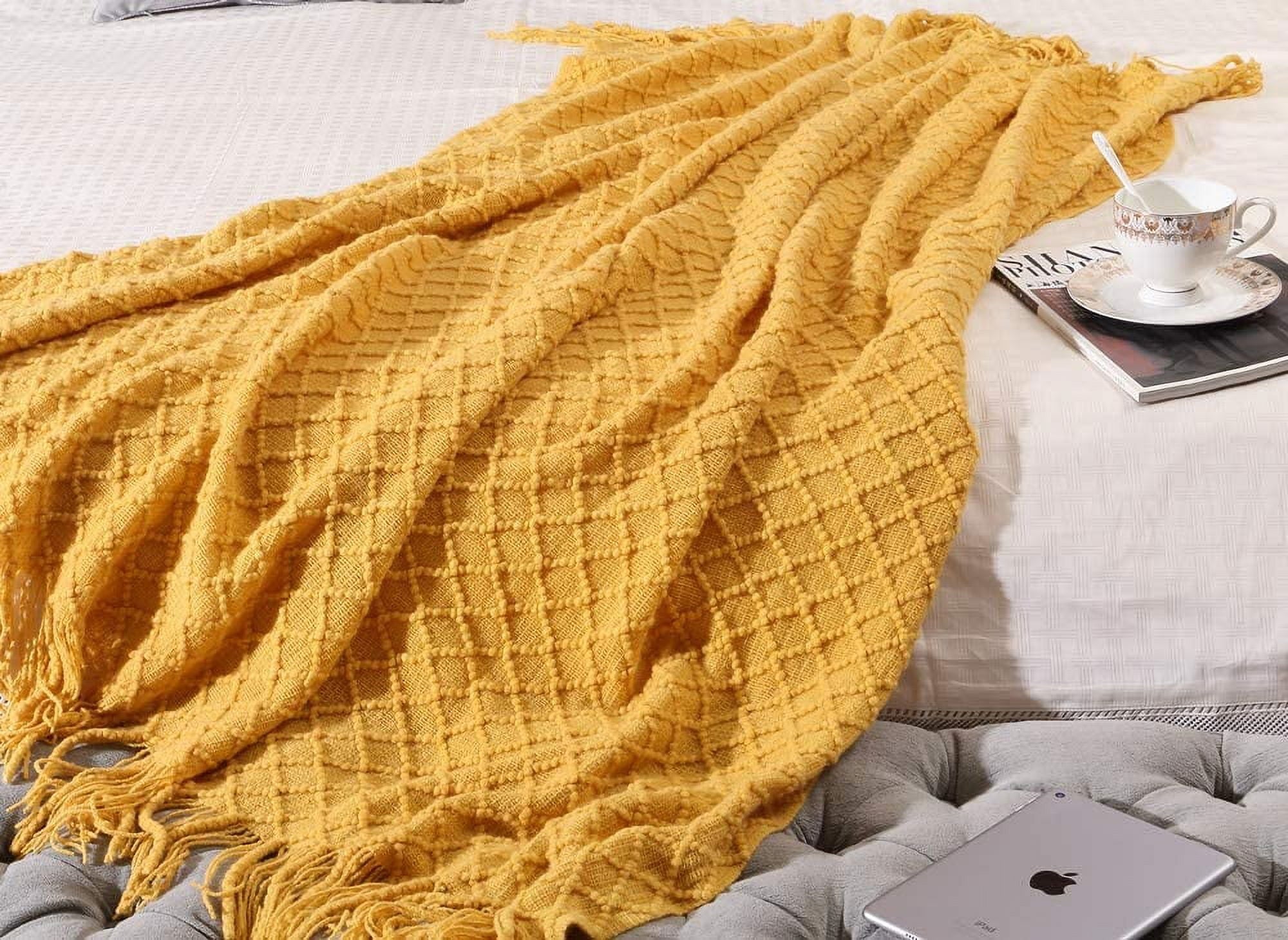 Reversible Sherpa Decorative Soft Spring Summer Fall Throw Blanket ,for Couch Sofa Chair Bed,50''X60'',Mustard Yellow - Luxury Knitted Decorative Throw Blanket with Fringes Detail