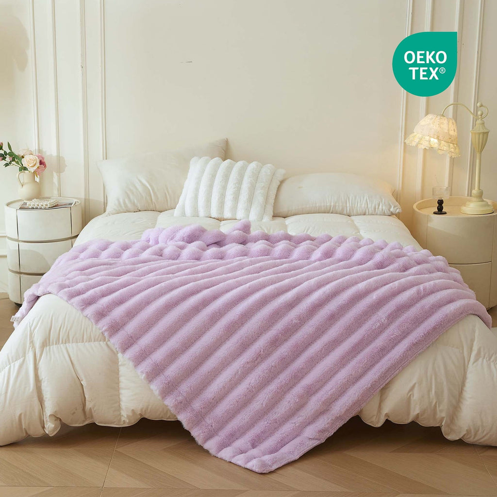 Super Soft Flannel Fluffy Faux Rabbit Fur Throw, Cozy Wide Stripe Plush Fuzzy Blanket for Bed Couch Sofa Chair, Light Purple Shaggy Thro... - Lightweight Plush Warm Blanket for All Seasons Detail