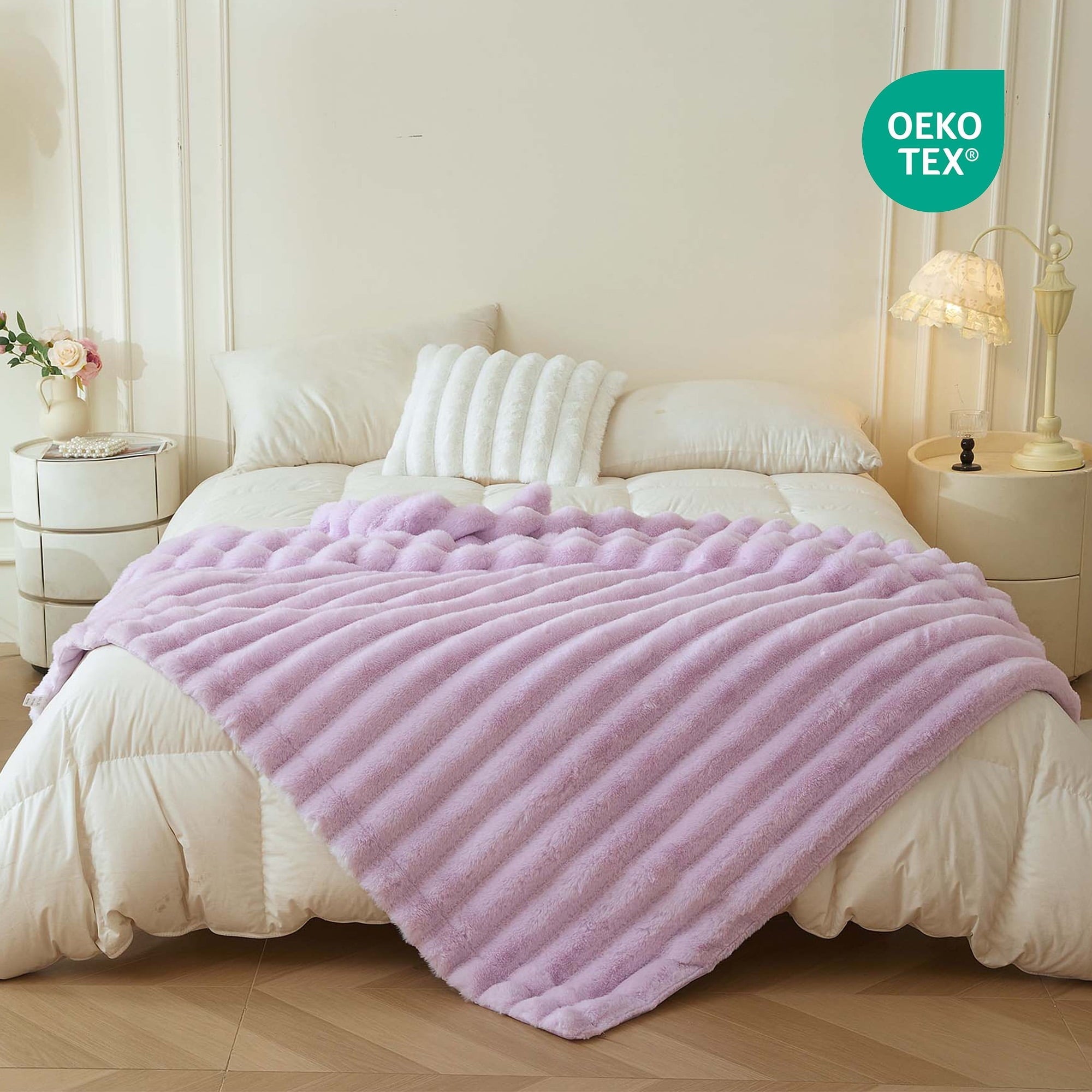 Super Soft Flannel Fluffy Faux Rabbit Fur Throw, Cozy Wide Stripe Plush Fuzzy Blanket for Bed Couch Sofa Chair, Light Purple Shaggy Thro... - Lightweight Plush Warm Blanket for All Seasons Detail