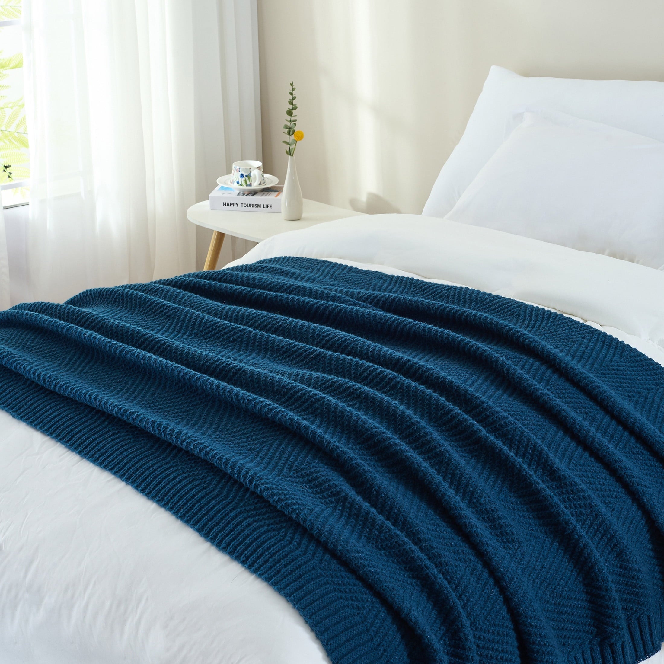 Reversible Sherpa Soft Knitted Throw Blanket 50" x 60" Navy Blue, Boho Chevron Farmhouse Throw for Bed Couch - Luxury Knitted Decorative Throw Blanket with Fringes Detail